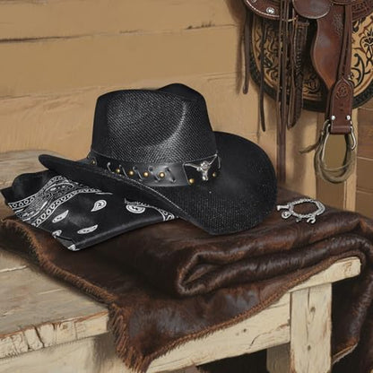 Black Straw Cowboy Hat Western with Bracelet Decorative Bands and Bandana, Hat Size Fits 22.04 to 22.83, Wide Brim, Stylish & Durable Cowboy Hat - Unisex Western Hat for All Occasions