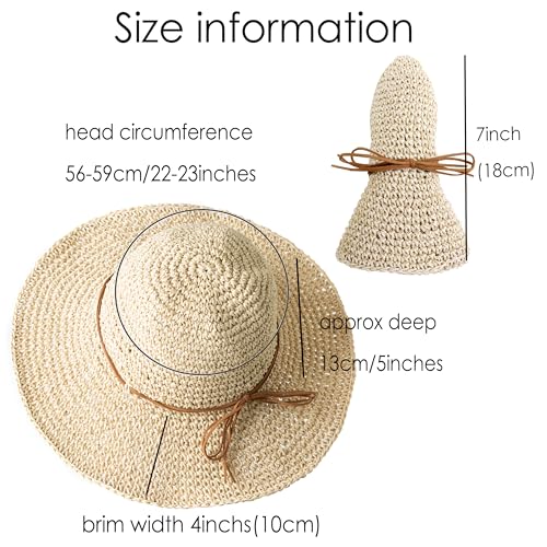 Womens Beach Sun Straw Hat Summer Floppy Wide Brim Foldable Packable - color: Bow Khaki