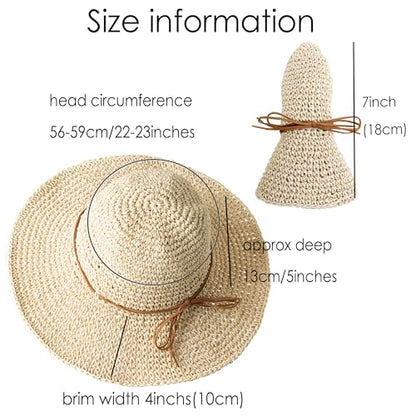 Womens Beach Sun Straw Hat Summer Floppy Wide Brim Foldable Packable - color: Bow Khaki