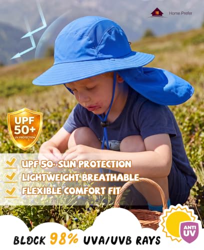 Home Prefer UPF 50+ Boys Sun Hat with Neck Flap Wide Brim Summer Beach Bucket Hat for Boys Girls Toddler Kids Safari Hat - color: Bright Blue