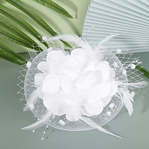 JWICOS Fascinators Hat for Women 50s Flower Hat with Veil Cocktail Wedding Tea Party Church Derby Hat - color: White