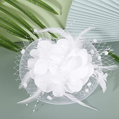 JWICOS Fascinators Hat for Women 50s Flower Hat with Veil Cocktail Wedding Tea Party Church Derby Hat - color: White