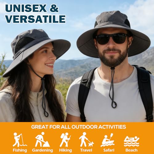 Wide Brim Sun Bucket Hat, Waterproof Boonie Hat for Men & Women - color: 01 Dark Grey