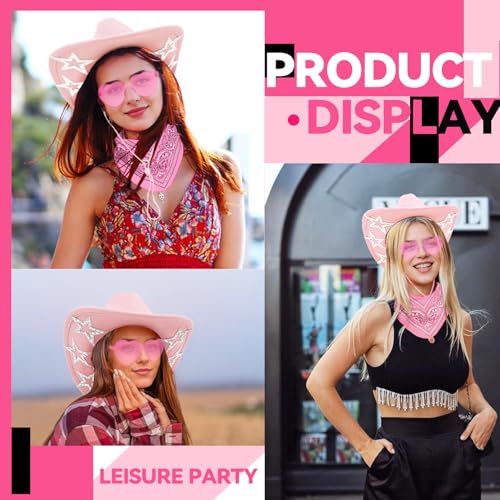 SHENYI Cowgirl Hat and Bandana and Heart Sunglasses Glitter Rhinestone Star Cowboy Hat Western Sparkly Hats for Women Men - color: Pink