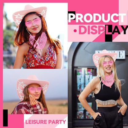 SHENYI Cowgirl Hat and Bandana and Heart Sunglasses Glitter Rhinestone Star Cowboy Hat Western Sparkly Hats for Women Men - color: Pink