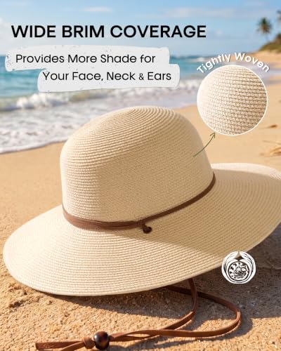 FURTALK Womens Wide Brim Sun Hat with Wind Lanyard UPF Summer Straw Sun Hats for Women - color: Ad-beige, size: Medium-Large