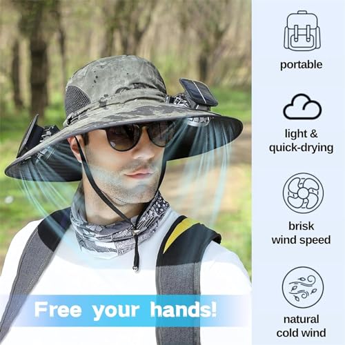 Men Women Wide Brim Sun Hats with 2 Solar Fan Waterproof Breathable Bucket Hat Outdoor Fishing Hat for Hiking Camping - color: Solid Army Green