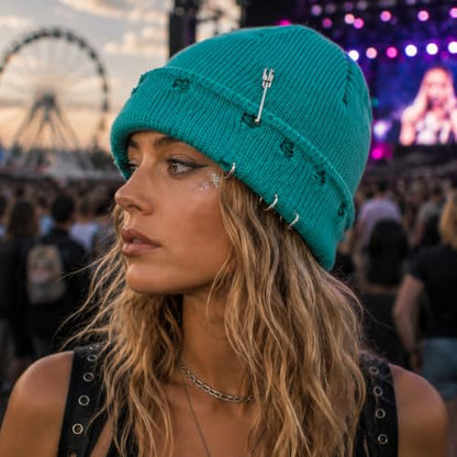 Distressed Ring Beanie Hat for Women Men Slouchy Skull Cap - color: Lake Blue