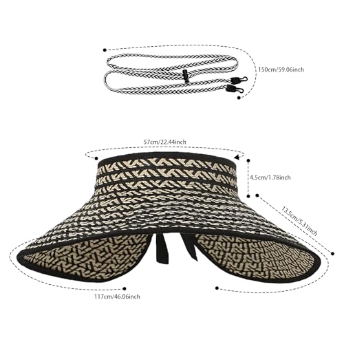Womens Foldable Straw Sun Hat Wide Brim Adjustable Roll Up Visor Hat Woven Packable Summer Beach Hat Travel Vacation Holiday - color: Black & White