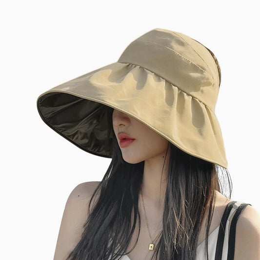Sun Visor Hat for Women UPF 50+ Wide Brim Packable Ponytail Hat Shapeable UV Protection Shell Hat Roll-up Foldable Sun Hat - color: Khaki