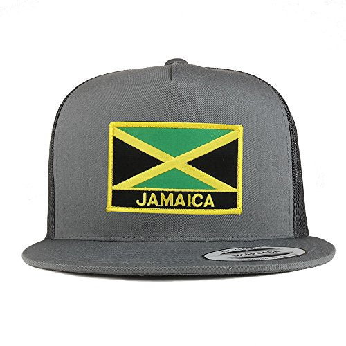 Trendy Apparel Shop Jamaica Flag 5 Panel Flatbill Trucker Mesh Snapback Cap - color: Charcoal