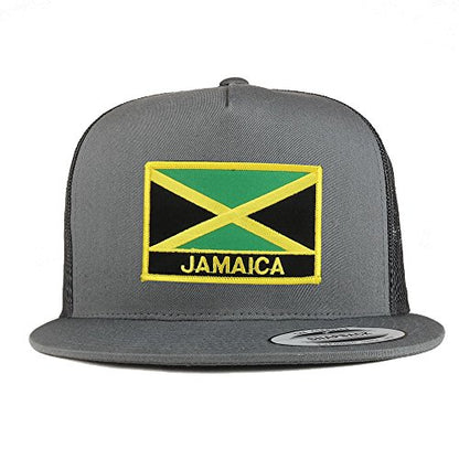 Trendy Apparel Shop Jamaica Flag 5 Panel Flatbill Trucker Mesh Snapback Cap - color: Charcoal