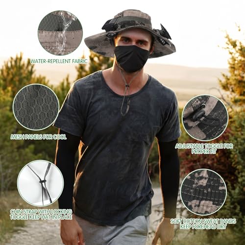 Syhood Solar Powered Fan Hat Neck Gaiter Arm Sleeves Sun Bucket Hat with Fan Cooling Wide Brim Hats for Fishing Hiking - color: Khaki Ink Painting, style: Breathable