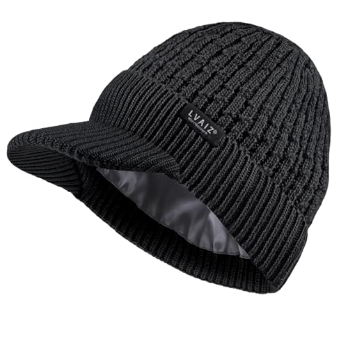 Womens Satin Lined Winter Beanie Hat with Brim Visor Warm Knit Baseball Cap - color: Black