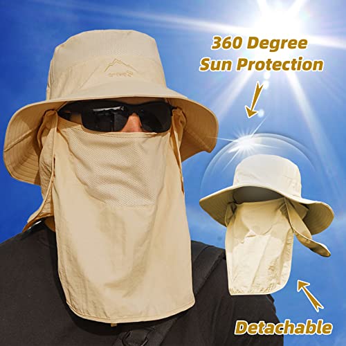 Fishing Hat for Men Sun Protection Hat with Removable Neck Flap Face Cover - color: Khaki