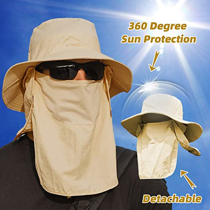 Fishing Hat for Men Sun Protection Hat with Removable Neck Flap Face Cover - color: Khaki