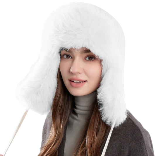 Women Winter Trapper Hat Ushanka Warm Sherpa Beanie Knit Ear Flap - color: Knitting Cream White