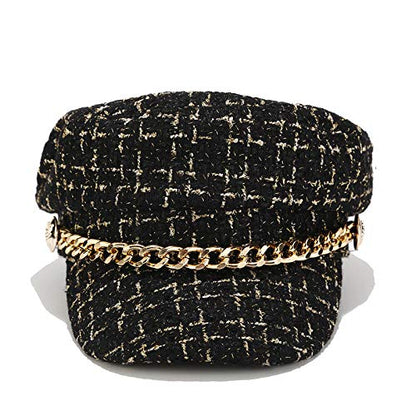 Women Plaid-Tweed Newsboy-Baker-Boy Hat Captain-Sailor Fisherman Hat Peaked-Beret with Chain - color: Black