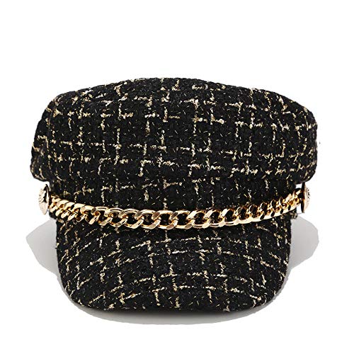 Women Plaid-Tweed Newsboy-Baker-Boy Hat Captain-Sailor Fisherman Hat Peaked-Beret with Chain - color: Black