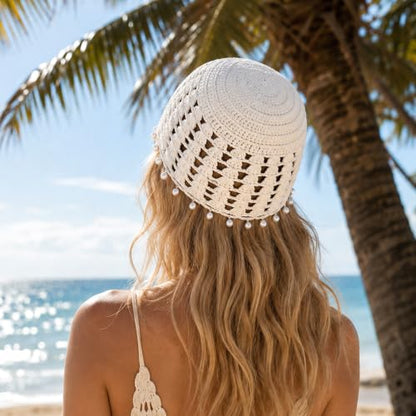 Crochet Hat Cap Cute Summer Beanies with Pearl Decor Boho Knit Mesh Hat - color: White Pearl