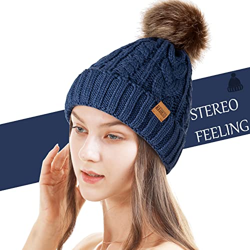 REDESS Women Winter Pompom Beanie Hat with Warm Fleece Lined Thick Slouchy Snow Knit Hat Skull Ski Cap - color: Dark Denim