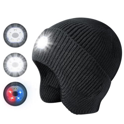 Mens Gifts Beanie Hat with Light, USB Rechargeable LED Headlamp Hat, Unisex Winter Hats Warm Knitted Earflap Beanie Stocking Stuffers for Women Men (Black) - color: Black Adult