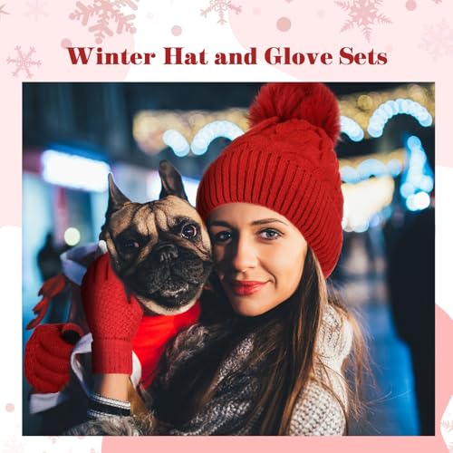Womens Winter Fleece Lined Knitted Beanie Hat Glove Set, Warm Pom Pom Beanie Knit Cap Touchscreen Gloves for Women - color: Wine Red