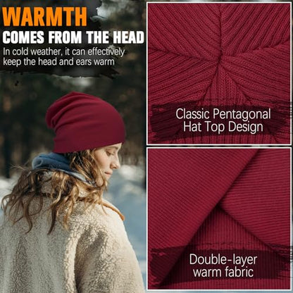 YANIKY Slouchy Beanie for Women, Mens Soft Cotton Beanie Hat, Double Layer Windproof Skull Cap for All Seasons - color: Red