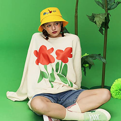 XYIYI Fashion Embroidery Bucket Hat Cotton Beach Fisherman Hats for Women Girls - color: Little Dinosaur Yellow