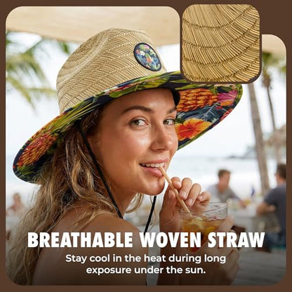 grinderPUNCH Straw Sun Hat for Men Women Wide Brim Beach Fishing UPF 50 - color: Tropical Pineapple