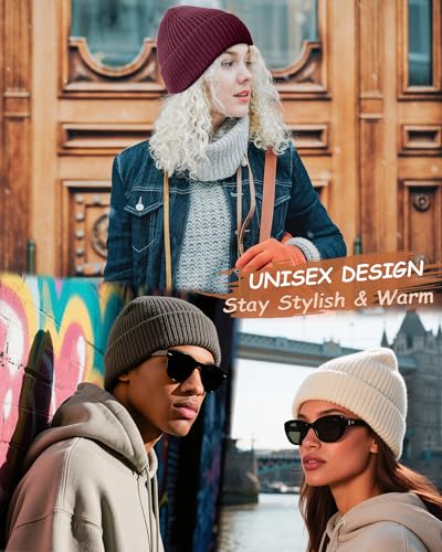 Wool Beanie for Men Women, Seamless Knit Cuffed Warm Winter Hats - color: 1pcs-wine Red