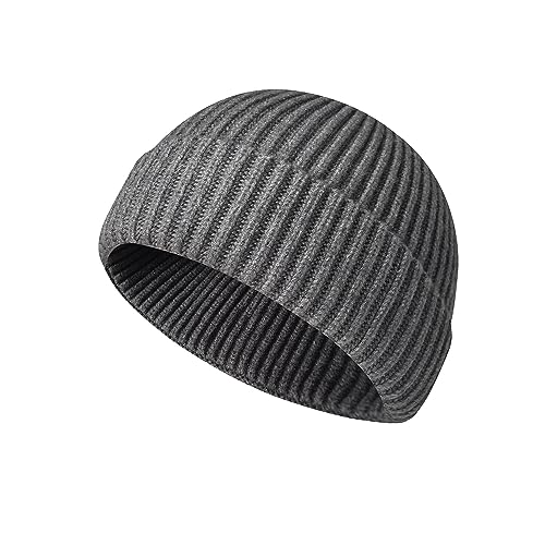 AIBEARTY Swag Short Fisherman Beanie for Men Women Rolled Cuff Beanie Skull Caps Wool Knit Winter Ski Hat with O Rings - color: Solid Grey
