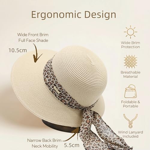 Packable Floppy Sun Hat for Women, Wide Brim Foldable Beach Hat with Soft Sweatband for Sun Protection, Travel & Summer - color: Beige-leopard Print