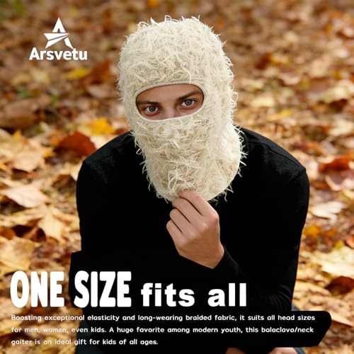 Distressed Ski Mask Balaclava, Yeat Shiesty Knitted Full-Face Mask - color: Beige