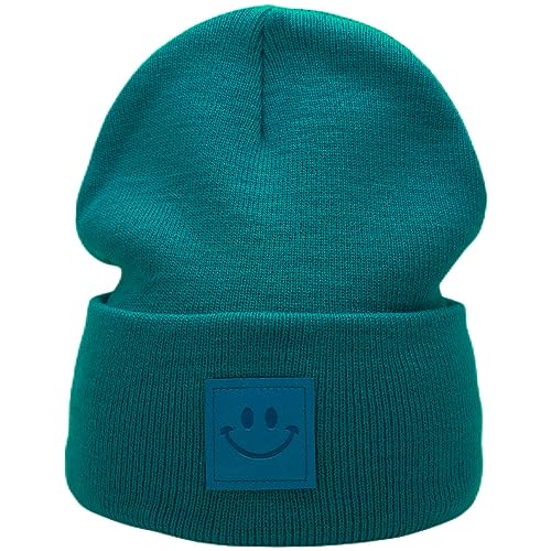 55cube Unisex Knit Cuffed Beanie Hats Warm Winter Caps with Leather Logos - color: Peacock Green