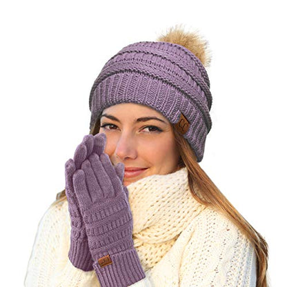 C.C Hatsandscarf Exclusives Unisex Solid Ribbed Beanie with Pom (HAT-43) - color: A Gift Set-violet