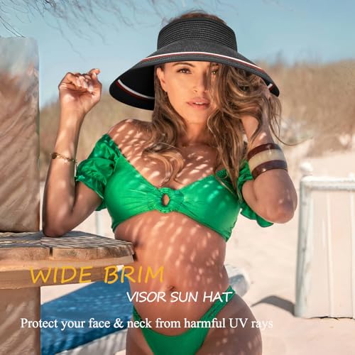 Women's Sun Visor Hats Wide Brim Straw Beach Hat Ponytail Hats for Women Foldable Floppy - color: 1pack-black/Redstripe