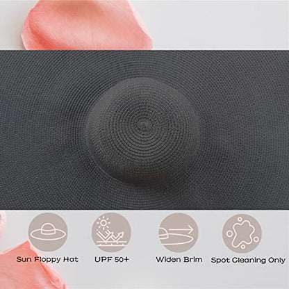 Oversized Beach Hat Women, Extra Wide Brim Foldable Straw Floppy Sun Hat - color: Black