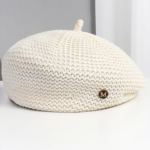 CLeemuzinN Women Summer Beret Hat Slouchy Crochet French Artist Caps Travel Beach Painters Hats Ladies Spring Fall - color: Ivory, size: Medium-Large