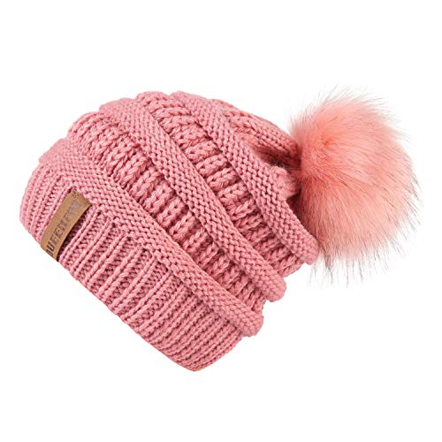 Women Knit Slouchy Beanie Chunky Baggy Hat with Faux Fur Pompom Winter Soft Warm Ski Cap - color: B9-single Pink