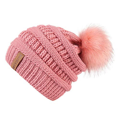 Women Knit Slouchy Beanie Chunky Baggy Hat with Faux Fur Pompom Winter Soft Warm Ski Cap - color: B9-single Pink