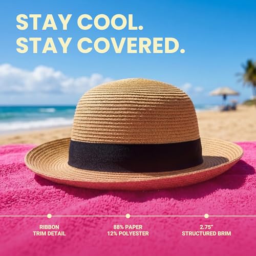 Funky Junque Foldable Wide Brim Straw Sun Hat, Packable Beach Cap - color: Natural