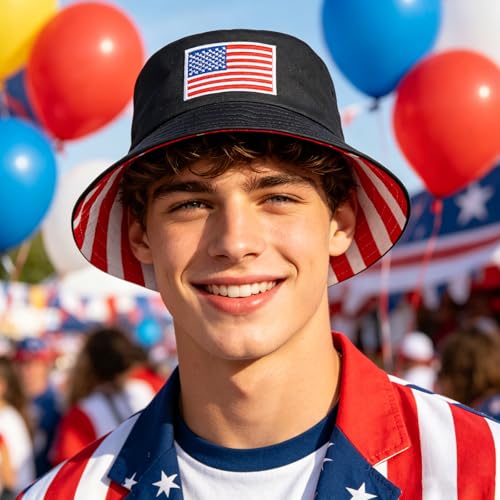 American Flag USA Bucket Hat Patriotic Sun Cap for Men Women Outdoor