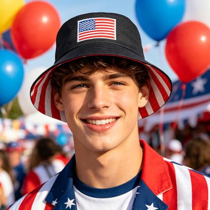American Flag USA Bucket Hat Patriotic Sun Cap for Men Women Outdoor