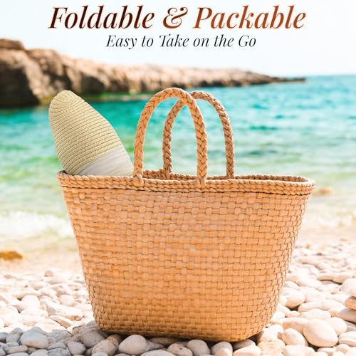 Pleneal Sun Hats for Women Straw Beach Hat Foldable Bowknot Summer Hat - color: Khaki With Beige Ribbon