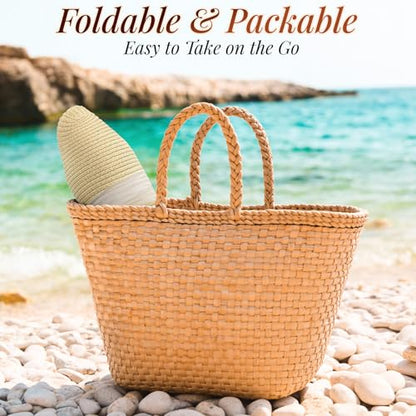 Pleneal Sun Hats for Women Straw Beach Hat Foldable Bowknot Summer Hat - color: Khaki With Beige Ribbon