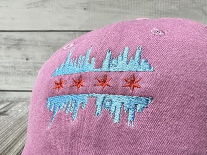 America State City Flag Hats - color: Chicago Illinois Skyline Flag (Washed Pink)