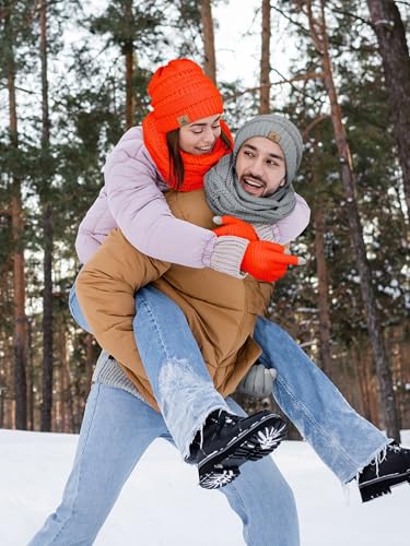 LOROME Winter Beanie Hat Scarf Gloves, Warm Fleece Knit Neck Scarf Set Gift - color: Fluorescent Orange