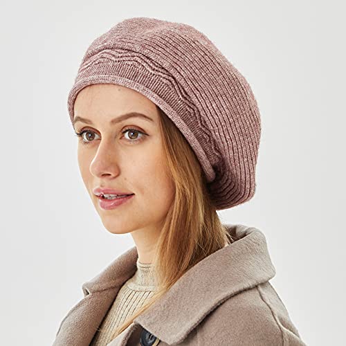 FENELY Beret Hat for Women, French Style Beanie Winter Fashion Warm Thickened Lining Knit Cap - color: Purple