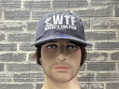 Fishing Baseball Cap for Men Women, Adjustable Embroidered Fish Hat - color: Wheres the Fish (Washed Black)